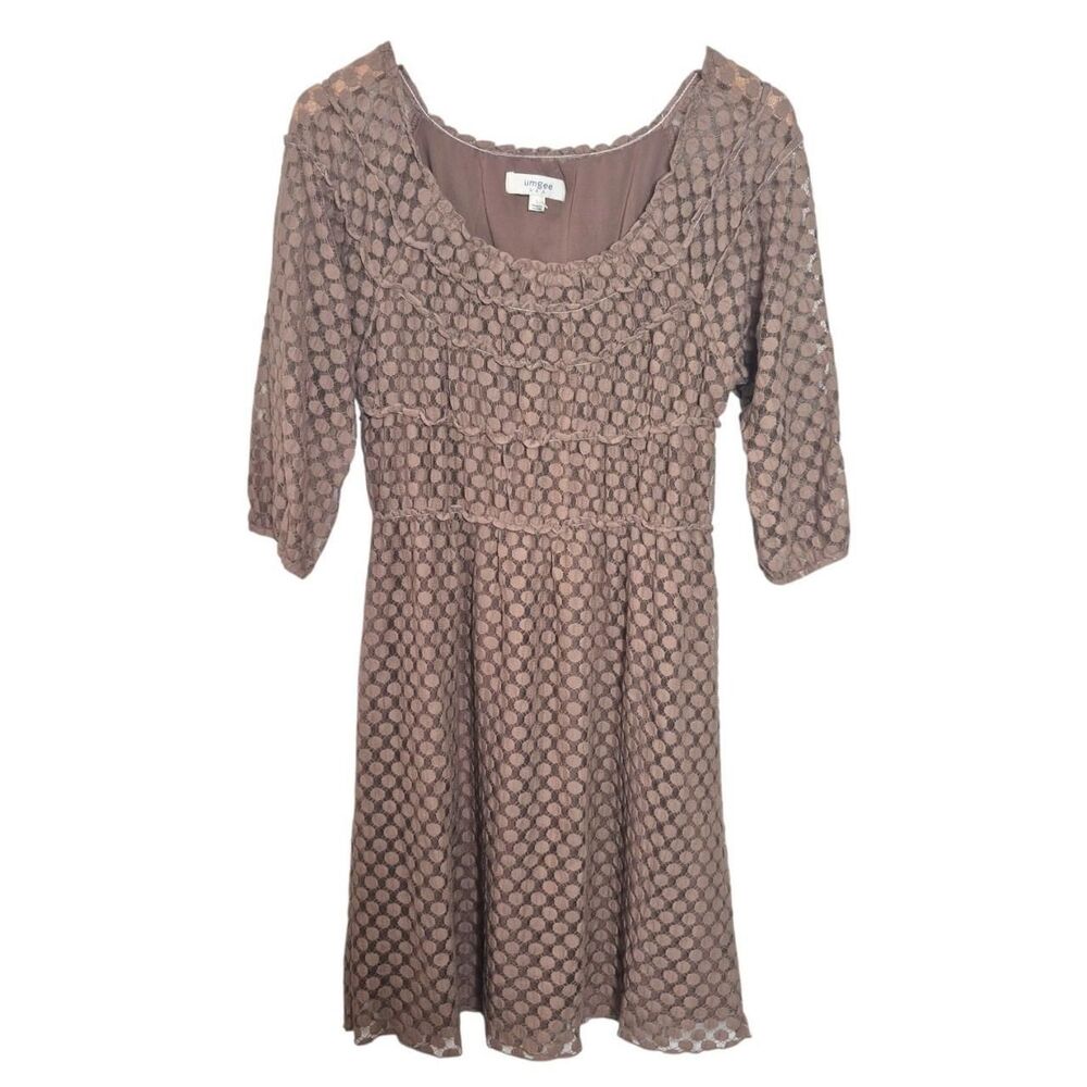 Umgee Brown Lace Polka Dot Dress Ruffles Cottage Coquette Size Large